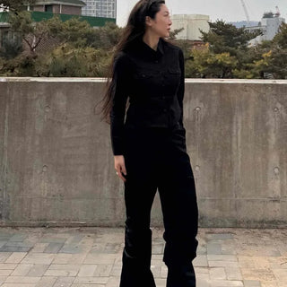 Semi-bootcut elastic waist nylon Y2K long pants