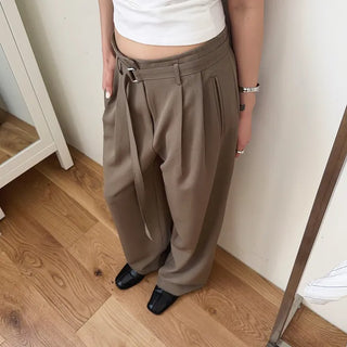 Lucid Belted Pintuck Loose Fit Wide Slacks Pants