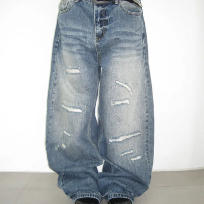 Oversized Slash Damaged Denim Wide-Leg Pants