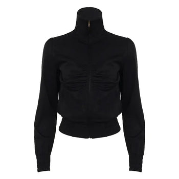Shirred High-Neck Slim Zip-Up Jacket