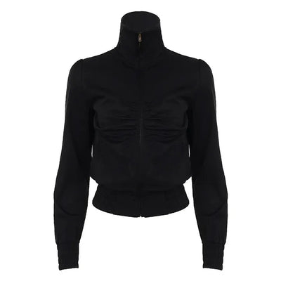 Shirred High-Neck Slim Zip-Up Jacket