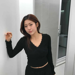 Wave Deep V Crop Ribbed Long Sleeve Tee