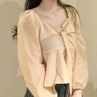 Puff Sleeve Bustier Ribbon Square Neck Blouse
