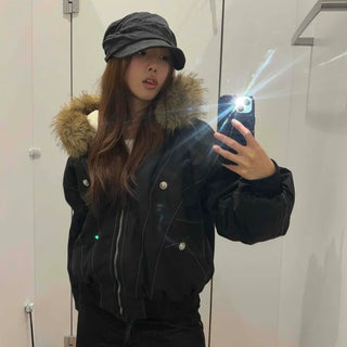 Fur Multi-Pocket Crop Bomber Jumper