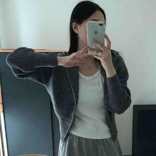 Cropped Ribbed Hooded Zip-Up