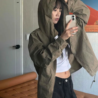 Balloon Fit Hooded Zip-Up Cropped Field Jacket
