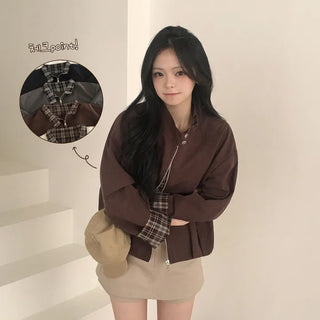Vintage Mood, Check Point High Neck Button Collar Pintuck Avant-garde Loose Fit Cotton Field Jacket Jumper