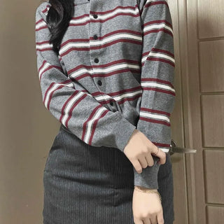 Retro Striped Round Neck Button Knit Cardigan