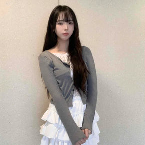 Slim Fit Ribbed Button Lace Long Sleeve T-shirt