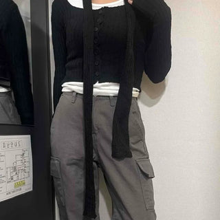Cropped Button Basic Slim Fit Scarf Knit Cardigan
