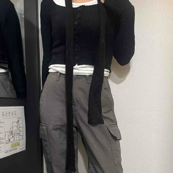 Cropped Button Basic Slim Fit Scarf Knit Cardigan