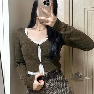 V-Neck Button-Detail Slim Fit Crop Knit Cardigan