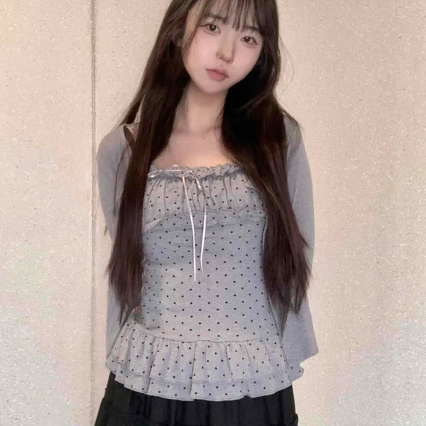 Dot Pattern Shirred Ribbon Cardigan Set