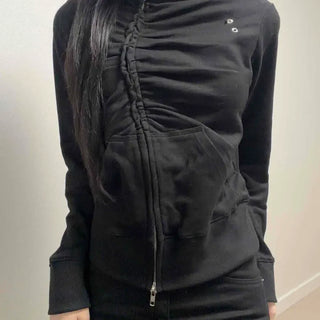 Eyelet Shirred Line High Neck Zip-up