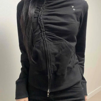 Eyelet Shirred Line High Neck Zip-up