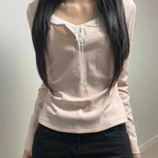 Ribbon Drawstring Button Slim Fit Long Sleeve T-shirt