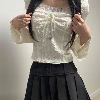 String Square Neck Lace Frill Off-Shoulder Long Sleeve T-Shirt