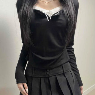 Lace-trimmed Button Slim Fit Long Sleeve T-shirt
