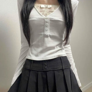 Double Lace Ribbon Detail V-Neck Button Long Sleeve T-Shirt