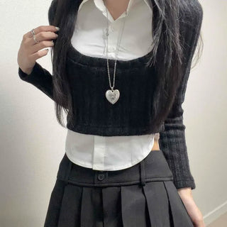 Square Neck Shirt Collar Integrated Ribbed Crop Knit