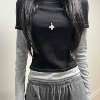 Two-tone Color Block Stitch Slim Fit Crop Long Sleeve T-shirt
