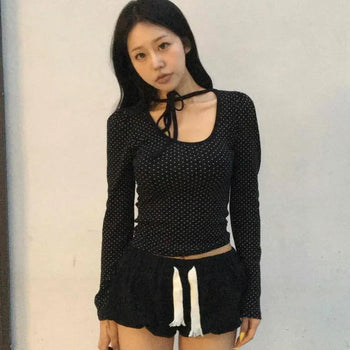 Ribbon Tie U-Neck Polka Dot Long Sleeve Tee