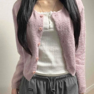 Fluffy Button Short Knit Cardigan