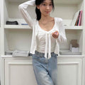 Ribbon Tie Crop V-Neck Sleeveless Cardigan Set