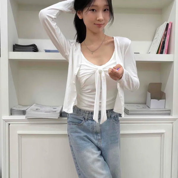 Ribbon Tie Crop V-Neck Sleeveless Cardigan Set