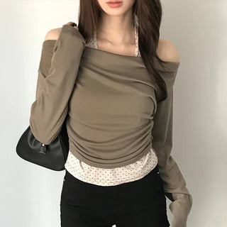 Retic Dot Layered Halter Neck Shirred Off-Shoulder Long Sleeve Top