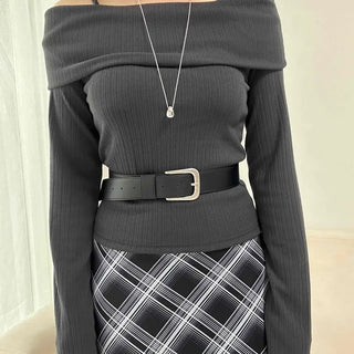 Off-shoulder Ribbon Tie Slim Fit Ribbed Long Sleeve Top