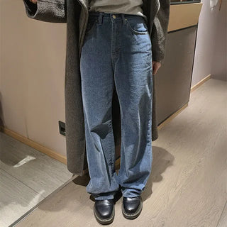 Cozy Peach Fleece-Lined Wide Denim Pants Fleece-Lined Straight Pants Straight Cotton Pants Winter Denim