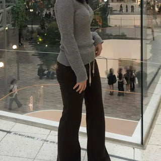Semi-bootcut elastic waist drawstring sweat long pants