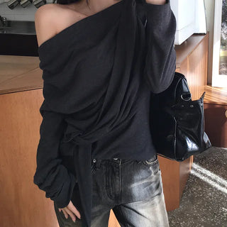 Asymmetrical Shirred Drape Boat Neck T-shirt