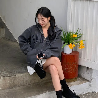 Center Embroidered Oversized Zip-Up Hoodie