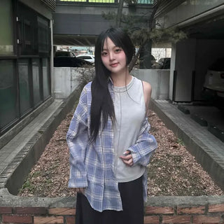 Oversized Check Pattern Collar Roll-Up Spring/Autumn Shirt