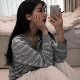 V-Neck Multi-Stripe Loose Fit Long Sleeve T-Shirt