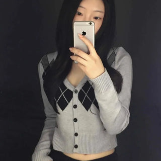 Argyle V-neck Short Knit Cardigan