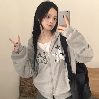Full of Cuteness, Vintage Cracked Star Print Lace Lettering Two-Way Boxy Loose Fit Zip-Up Hoodie