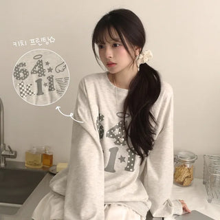 Guaranteed Cuteness, Kitsch Dot Mix Number Print Round Neck Boxy Oversized Sweatshirt