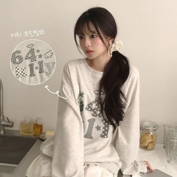 Guaranteed Cuteness, Kitsch Dot Mix Number Print Round Neck Boxy Oversized Sweatshirt
