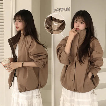 Guaranteed Beauty, Color-block High-neck Collar Drawstring Two-way Boxy Oversized Field Work Jacket