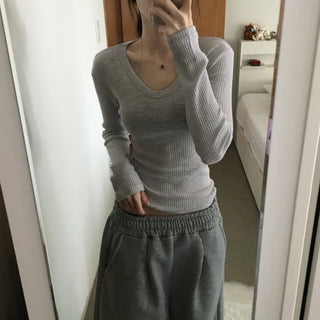 [Burnout Look/Slim Fit!] Hina See-through V-Neck Spring/Summer Long Sleeve Tee