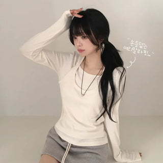 Slimming one-piece halter U-neck layered slim fit long-sleeve t-shirt