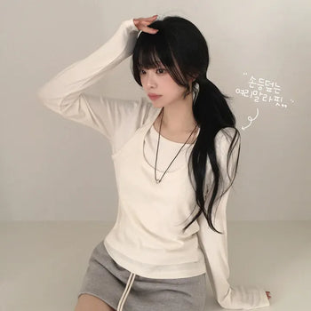 Slimming one-piece halter U-neck layered slim fit long-sleeve t-shirt