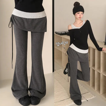 Leg-lengthening, Hip-mood Asymmetrical Shirred Elastic Layered Bootcut Training Skirt Pants