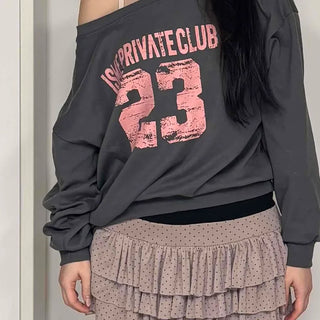 Big Size Lettering One-Off Shoulder Loose Fit Sweatshirt