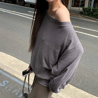 Sheer Off-shoulder Snap Slit Long Sleeve T-shirt