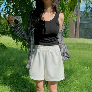 All Day Cotton Cutout Training Elastic Waist Shorts French High-Waist Shorts A-Line Cover-up Shorts Summer Cotton Pants