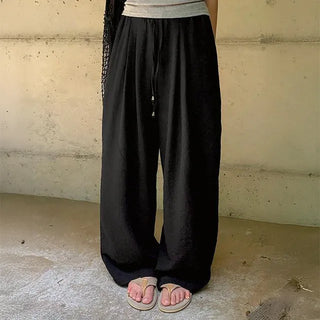 Kits Linen Two-Pintuck Wide Pants Flowy Cooling Drawstring High-Waist Elastic Daily Maxi Long Pants Cotton Pants Summer Pants Summer